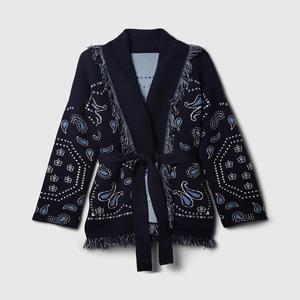빈티지 태슬 프린트 여성용 프린트 가디건 V넥 레이스업 긴팔 스플라이스 스웨터 2025 가을 여성용 올매치 니트웨어