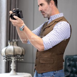 남성용 울 트위드 슬림 피트 레저 코튼 부르고뉴 조끼 신사 헤링본 비즈니스 브라운 양복 조끼 블레이저 웨딩 신랑