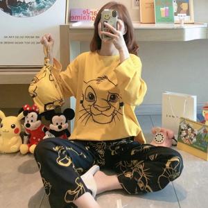 라이온 킹 Simba 귀여운 잠옷 세트 가을 겨울 긴 소매 레저 잠옷 여성용 느슨한 Nightwear Homewear Suit