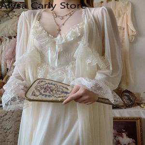 프랑스어 달콤한 빈티지 요정 드레스 여성 2022 가을 레이스 섹시한 캐주얼 한국 드레스 여성 코트 쉬폰 우아한 긴 스트랩 드레스