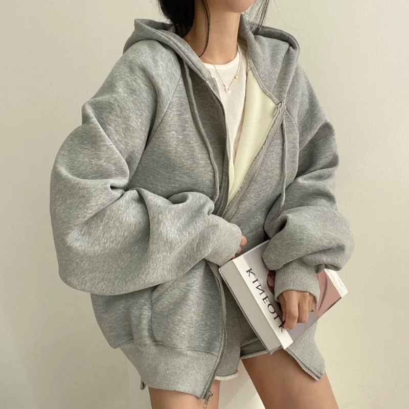 한국 스타일 시크 대형 사이즈 심플 얇은 후드 가디건 여성용 트렌디 레이지 스타일 지퍼 재킷 가을 긴 소매 루즈핏