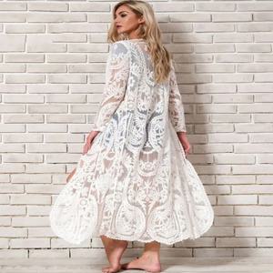 Fitshinling 보헤미안 화이트 비치 커버 업 수영복 사롱 자수 레이스 기모노 섹시 투명한 롱 가디건 Saida de Praia