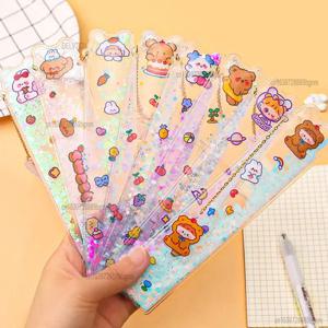 투명 오일 퀵 샌드 스팽글 15cm 측정 스트레이트 스케일 눈금자 소프트 북마크, 귀여운 펜던트 학생 드로잉 문구