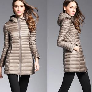 여성용 용수철 패딩 후드 롱 재킷, 화이트 덕 다운 오버코트, 초경량 슬림 솔리드 재킷 코트, 휴대용 파카