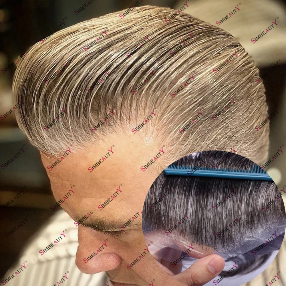 자연 헤어 라인 0.02mm 슈퍼 얇은 피부 기본 남성 Toupee 80 ~ 90% 밀도 회색 남성 인간의 머리카락 모세관 보철 시스템 가발