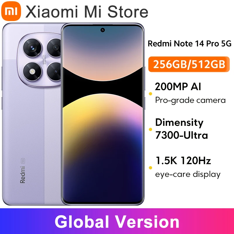 글로벌 버전 Xiaomi Redmi Note 14 Pro 5G 스마트폰 MediaTek Dimensity 7300-Ultra 200MP AI 카메라 6.67