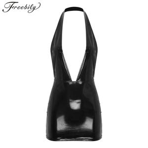 Womens Glossy Bodycon Dress 젖은 모양의 특허 가죽 지퍼 클로저 V 넥 백리스 스키니 미니 드레스 레이브 파티 클럽 활동