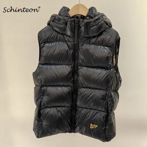 Schinteon 여성용 화이트 덕 다운 조끼, 후드 캐주얼 오버 사이즈, 가을 겨울 따뜻한 루즈한 두꺼운 밝은 블랙 민소매 재킷