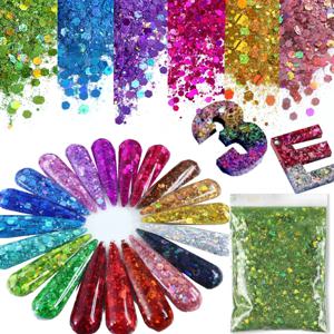50g 청키 글리터 홀로그램 레이저 플레이크 네일 글리터 파우더 쥬얼리 제작 DIY 레진 아트 공예용 고급 무지개빛 스팽글