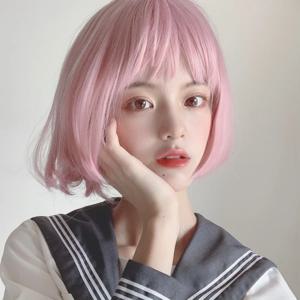 35cm 합성 가발 보보 프린세스 컷 헤어 스트레이트 앞머리 짧은 핑크 헤어 전체 가발 내열성 작은 로리타 여성 가발