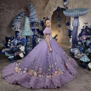 결혼식을위한 라벤더 꽃의 소녀 드레스 꽃 아플리케 바닥 길이 소녀 아이 생일 파티 첫 성찬식 가운