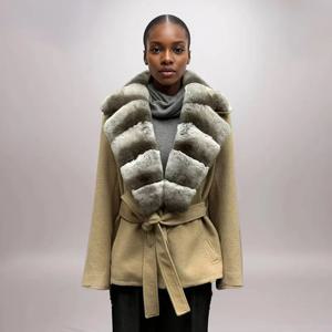 여성용 양모 트렌치 코트, 분리형 100% 천연 렉스 토끼 모피 칼라, 레이디 가을 겨울 겉옷, 벨트 포함