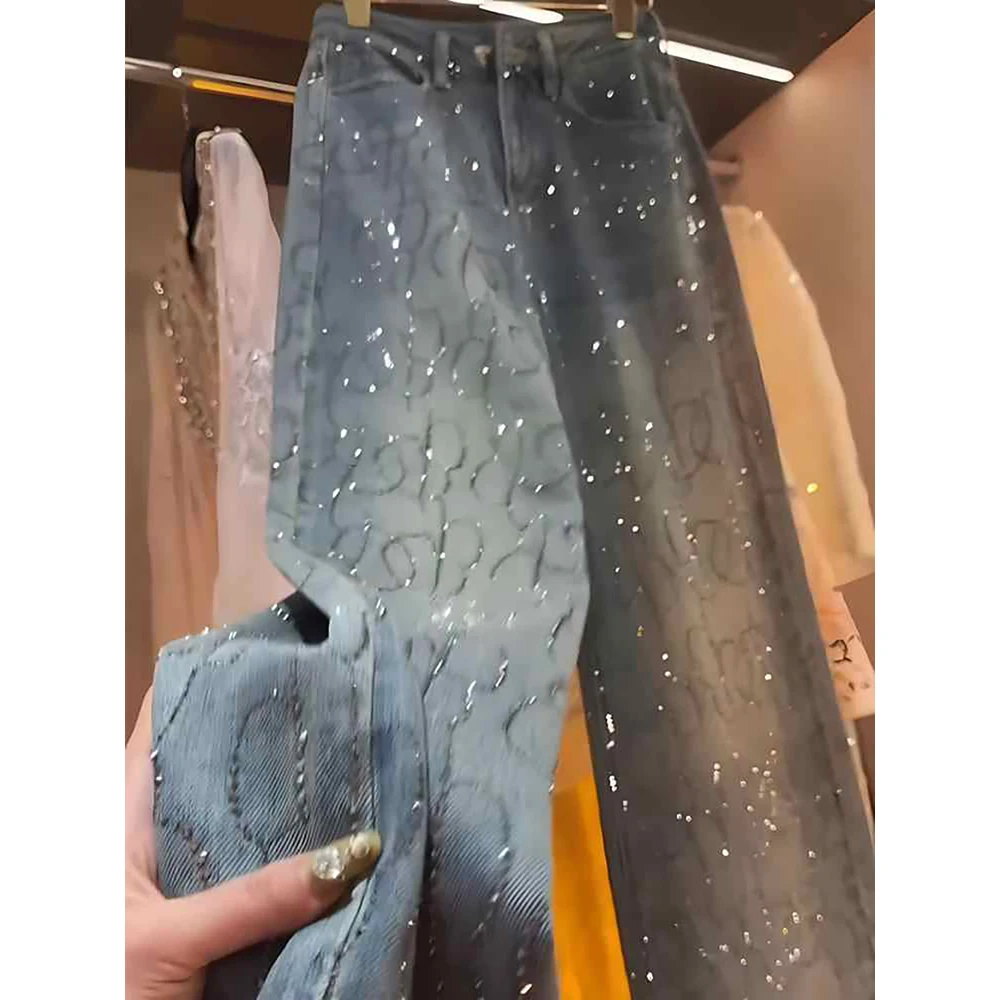 여성을위한 핫 스탬핑 다이아몬드 청바지 2025 봄 가을 유행 반짝 이는 리벳 넓은 다리 바지 여성 스트레이트 느슨한 데님 바지