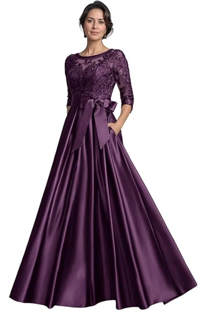 결혼식을위한 신부 드레스의 어머니 3/4 슬리브 새틴 레이스 아플리케 주머니가있는 긴 이브닝 가운 라운드 넥 볼 가운