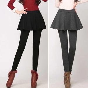 가짜 투피스 레깅스 여성 바지 가을 겨울 a 라인 스커트 바지 플리츠 패치 워크 두꺼운 플러시 안감 솔리드 컬러 레깅스