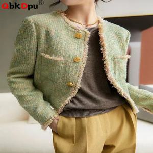 여성용 캐주얼 O-넥 싱글 브레스트 트위드 재킷, 한국 패션 상의, 우아한 긴 소매 만토 블라우스, 용수철 가을, 신상