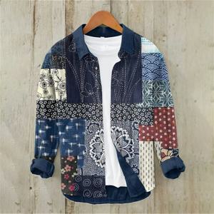 남성 긴 소매 셔츠 리넨 셔츠 일본 빈티지 매화 그림 캐주얼 루즈 고품질 남성 의류