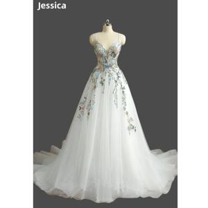 제시카 화려한 자수 꽃 이브닝 드레스 반짝이 얇은 명주 그물 화이트 댄스 파티 드레스 중공 백 베스 티드 드 피에스타 맞춤형