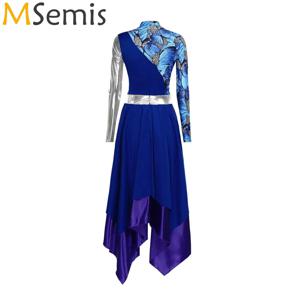 여자 메탈릭 광택 인쇄 전례 칭찬 기독교 예배 교회 합창단 공연 의상 발레 서정적 댄스 드레스