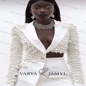 진주 화이트 여성 정장 세트 2피스 블레이저+숏 스커트 포멀 오피스 레이디 재킷 맞춤형 웨딩 프로모션 드레스(뒷면 진주 없음)