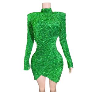 매력적인 스팽글 생일 파티 드레스 우아한 무대 공연 의상 여성의 섹시한 허리 긴 소매 솔리드 컬러 이브닝 가운