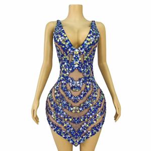 매력적인 쉘 스팽글 생일 파티 드레스 무대 공연 의상 섹시한 딥 브이 민소매 메쉬 관점 불규칙한 의상