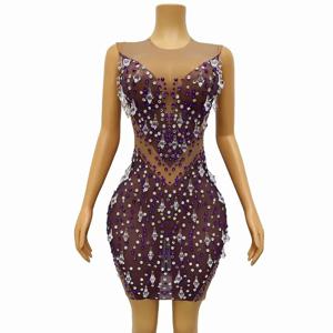 매력적인 라인 석 메쉬 생일 파티 드레스 무대 공연 의상 섹시한 관점 슬림 펜던트 복장 라인 석 드레스