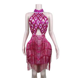 여성을위한 스파클링 라인 석 프린지 백리스 파티 드레스 섹시한 스파이스 소녀 복장 나이트 클럽 & 생일 무대 공연 의상