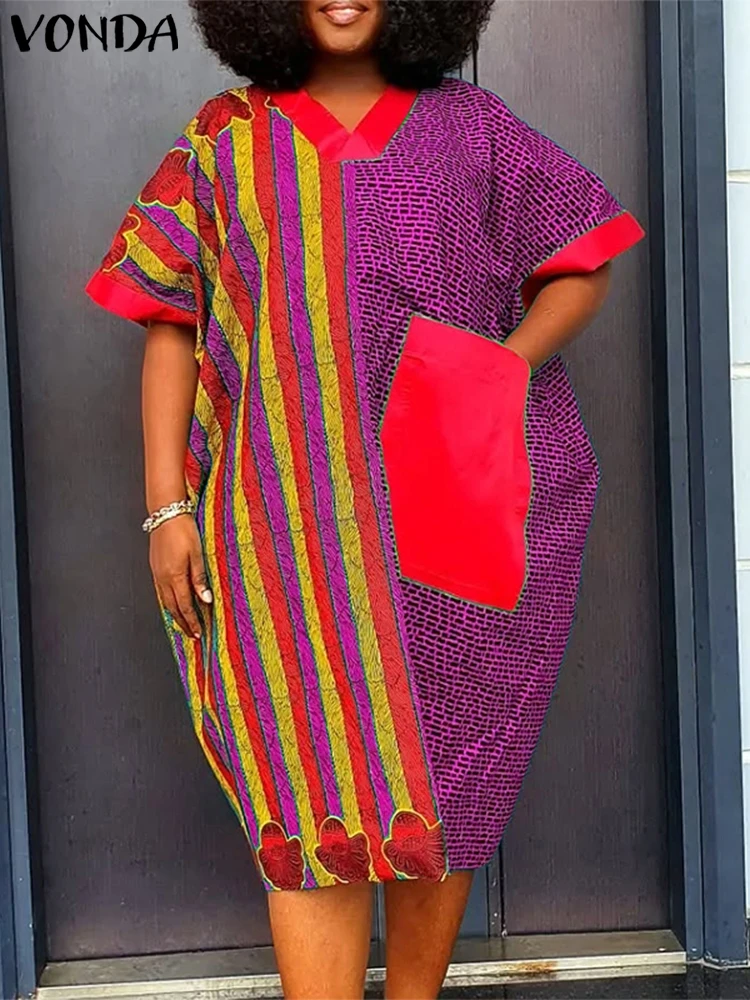 VONDA 플러스 사이즈 5XL 여름 드레스 여성 스트라이프 프린트 무릎 길이 Sundress 보헤미안 반소매 캐주얼 포켓 비치 베스 티드