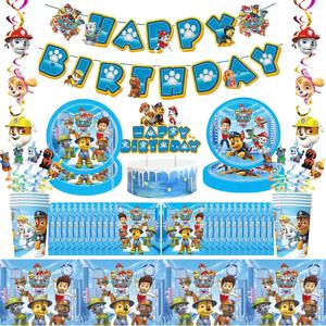 Paw Patrol 생일 장식 파티 용품 일회용 식기 세트 접시 컵 냅킨 빨대 어린이를위한 식탁보 풍선