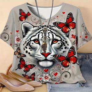 여름 캐주얼 플러스 사이즈 여성 v 넥 반팔 티셔츠 3D 인쇄 동물 시리즈 나비 호랑이 패턴 빠른 건조