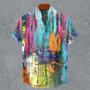 얼룩덜룩한 표시가 있는 아트 레트로 빈티지 남성용 셔츠, 스탠딩 칼라 프린트 반소매 셔츠, 캐주얼하고 편안한 탑 S-5XL