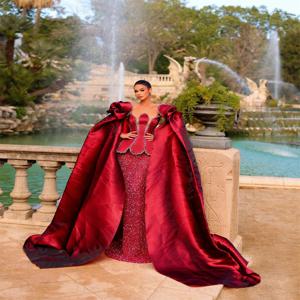 분리형 긴 케이프 슬리브 댄스 파티 드레스 부르고뉴 페르시 럭셔리 이브닝 드레스 두바이 아랍어 웨딩 리셉션 가운 맞춤형