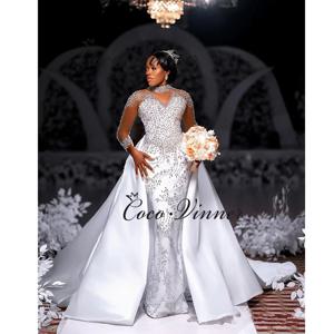 사용자 정의 고품질 새틴 웨딩 드레스 2 in 1 스타일 분리형 기차 W1407과 무거운 구슬 인어 웨딩 드레스