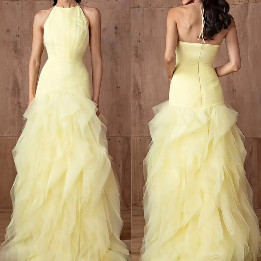 맞춤형 절묘한 캐주얼 Organza Pleat A 라인 백리스 롱 드레스 맞춤형 행사 고품질 클래식