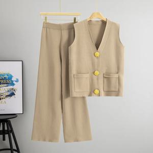 캐주얼 니트 2 조각 정장 여성 v 넥 민소매 싱글 브레스트 슬림 탱크 와이드 레그 바지 여성 세트 2025 봄 여름