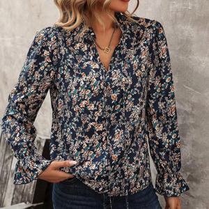 플러스 사이즈 여성용 셔츠, 레이스업 장식이 있는 꽃무늬 V 넥, 긴 소매 캐주얼 휴가 탑, 루즈하고 편안함
