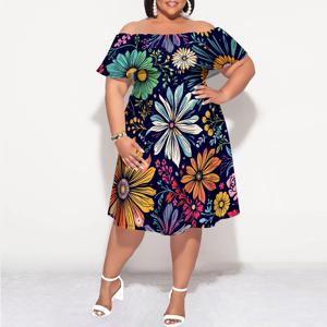 플러스 사이즈 오프 숄더 짧은 소매 미디 드레스 다채로운 데이지 꽃 프린트 여름 해변 휴가 캐주얼 드레스