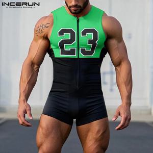 INCERUN 남성 바디 슈트 인쇄 패치 워크 지퍼 스키니 Playsuits 민소매 남성 Rompers streetwear 2025 운동 바디 슈트 남성