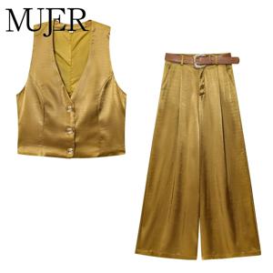 MUJER 2025 여성용 와이드 레그 팬츠, 벨트 새틴 배기 팬츠, 여성 여름 캐주얼 바지, 주름 하이웨이스트 여성 바지