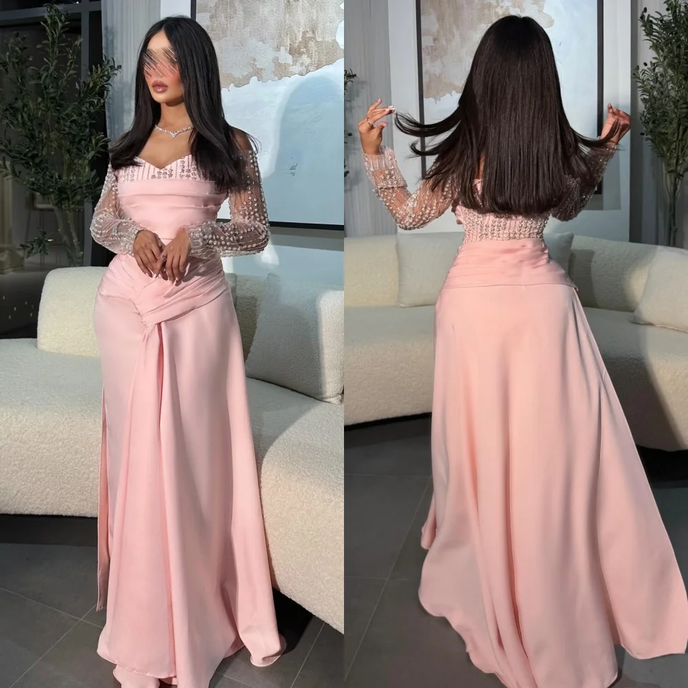 맞춤형 패션 매칭 저지 플리츠 셔링 비즈 장식 스팽글 스트레이트 스트랩리스 롱 드레스 맞춤 제작 행사 드레스 레트로