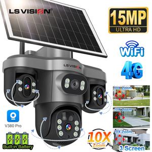 LS VISION 15MP 3중 PTZ 렌즈 3화면 4G 태양광 카메라 실외 WiFi 10배 디지털 줌 자동 추적 보안 카메라 V380 Pro