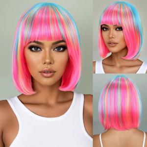 매일 모임, 파티, 할로윈 코스프레, 사이드 뱅이 있는 밥 헤어스타일, 헤드 커버를 위한 레인보우 멀티 컬러 합성 가발