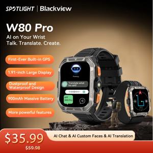 [월드 프리미어]Blackview W80 PRO 아웃도어 러기드 스마트 워치, GPS 위치 스마트워치, 1.91'' 디스플레이, 900mAh(손전등 포함)