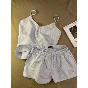 여름 새 스타일 BM 윈드 일본 소녀 컬러 블록 스트라이프 스트랩 잠옷 캐주얼 반바지 홈웨어 세트 여성 V넥 나이트가운