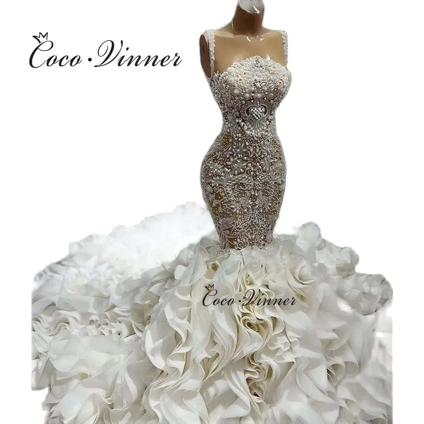 맞춤형 무거운 구슬 럭셔리 웨딩 드레스 인어 민소매 진주 페르시 아플리케 럭셔리 인어 웨딩 드레스 W1428