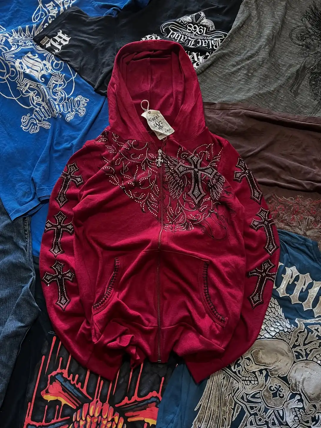 Affliction Red Masonry Design 후드 Y2K 새로운 레트로 패턴 특대 지퍼 후드 여성 힙합 성격 캐주얼 운동복