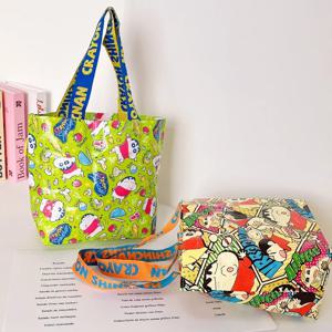 Crayon Shinchan 코튼 캔버스 토트 백 애니메이션 소녀 선물 봄 여름 어깨 버킷 백 워터 컵 홀더 생일 선물