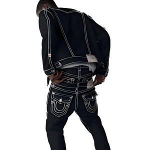 Y2K Suit Mens 빈티지 2000년대 스트리트 힙합 남성 루즈한 청바지 오토바이 자켓 자수 패턴 자켓 청바지 투피스 세트