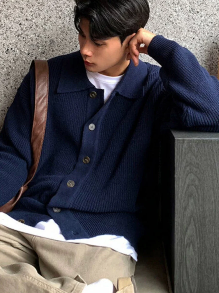코발트 블루 니트 가디건 남성용 카라 버튼 스웨트셔츠 재킷 텍스처드 캐주얼 워크웨어 울 니트웨어 폴로 셔츠